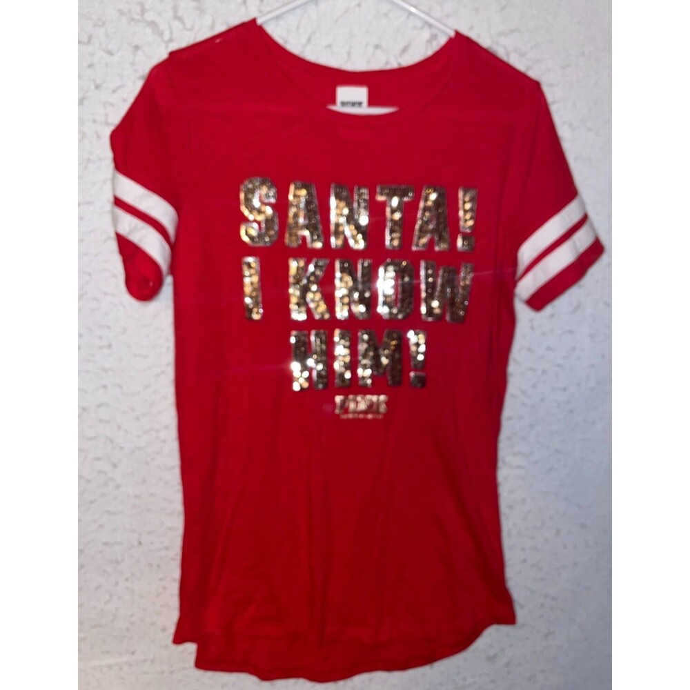 SANTA I KNOW HIM BLING Victoria Secret PINK Gold Sequin Tee Womens Sz S Red